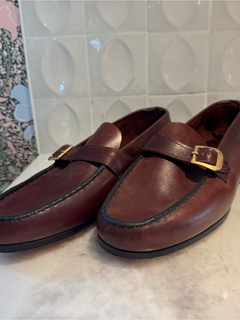 Men's Hand Made Leather Buckle Loafers in Mahogany Brown